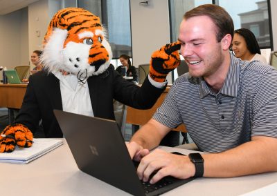 Aubie in class at Horton Hardgrave Hall in the Harbert College of Business