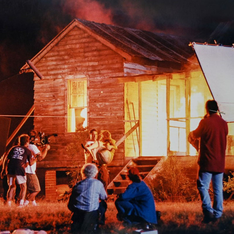 Burning Cabin on set of Crackerman
