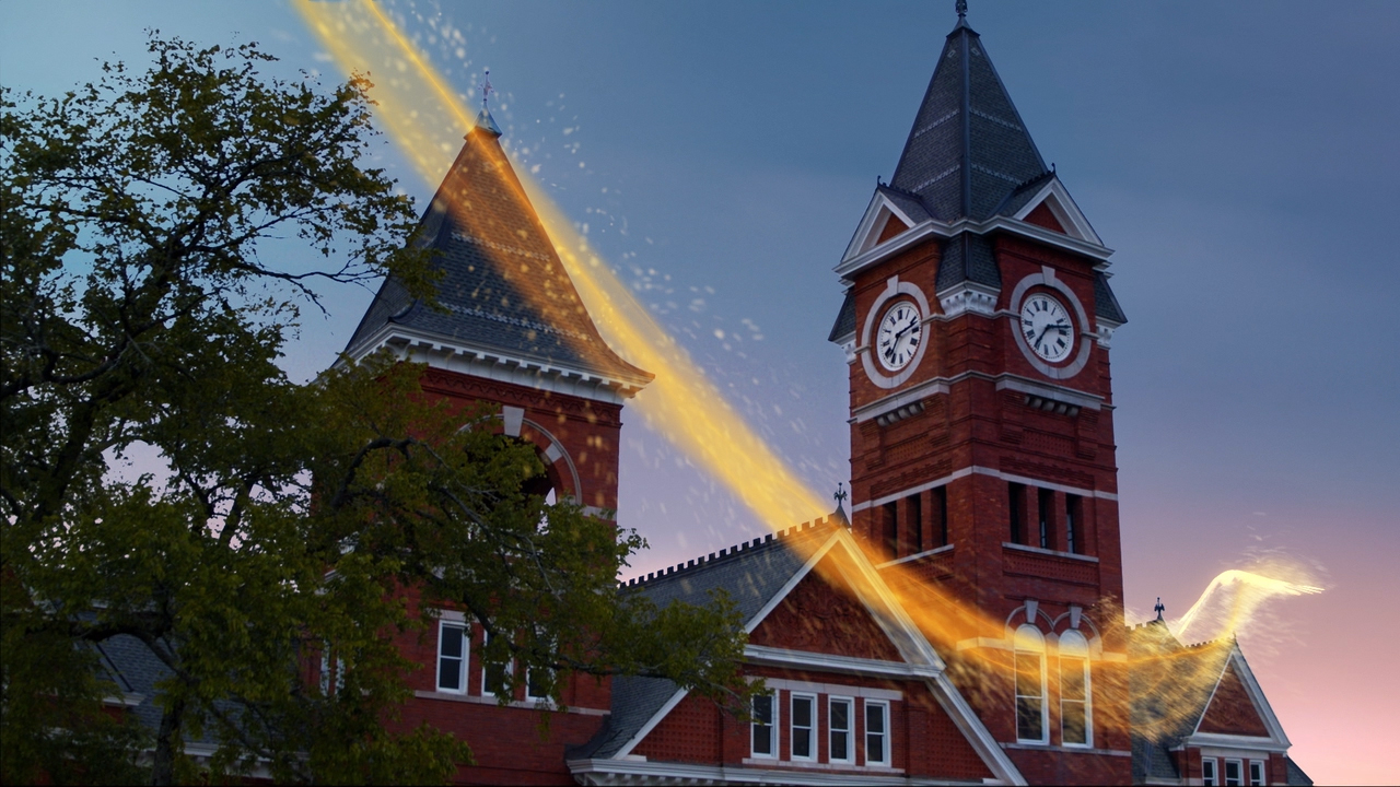 Particle Eagle flying around Samford Hall