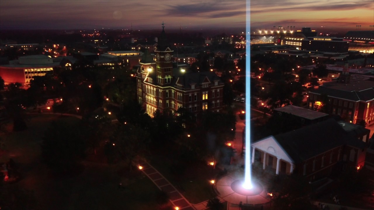 Beam of light coming from ground of Auburn campus